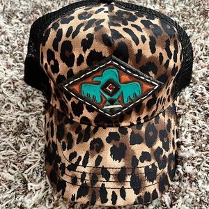 Western hand tooled thunderbird and cheetah print hat